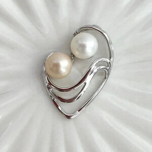 Silver Tone Double Faux Round Pearl Heart Shaped Modernist Vintage Pendant